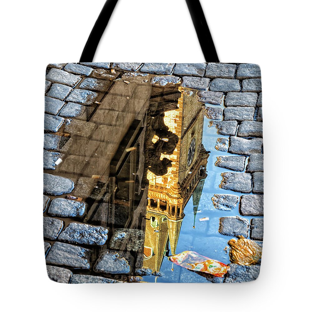 Ancient Tote Bag featuring the photograph Astronomical clock in Prague in puddle #2 by Vivida Photo PC