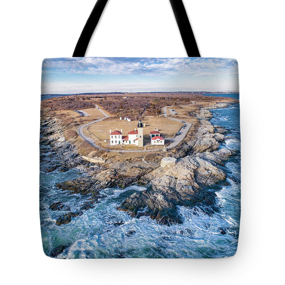 Beaver Tail Lighthouse Tote Bag featuring the photograph Beaver Tail Lighthouse #2 by Veterans Aerial Media LLC
