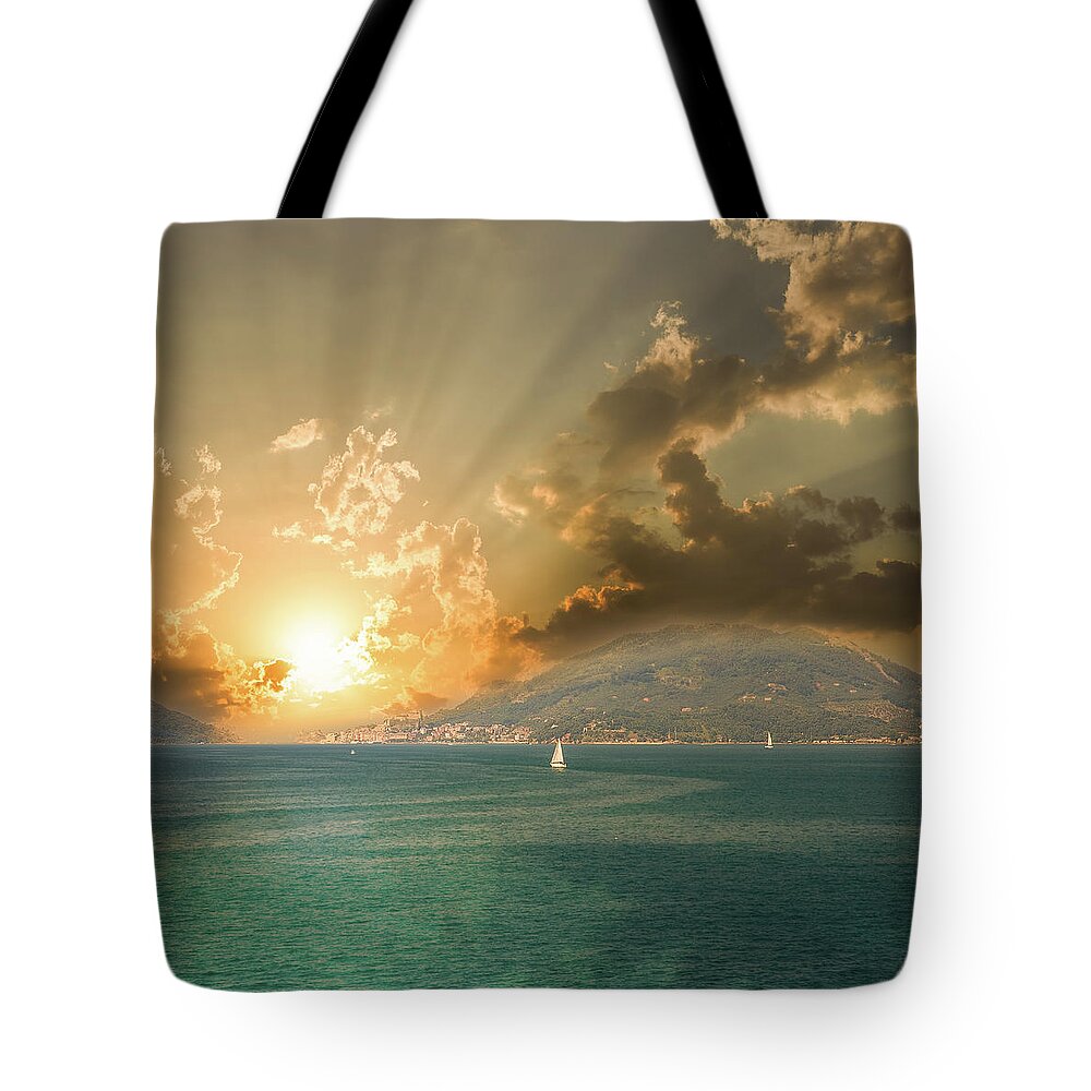 Cinque Tote Bag featuring the photograph crystal clear waters of the Cinque Terre coast #2 by Vivida Photo PC