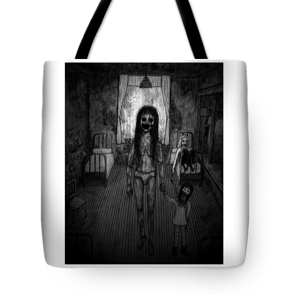 Horror Tote Bag featuring the drawing Jessica And Her Broken Doll - Artwork #2 by Ryan Nieves