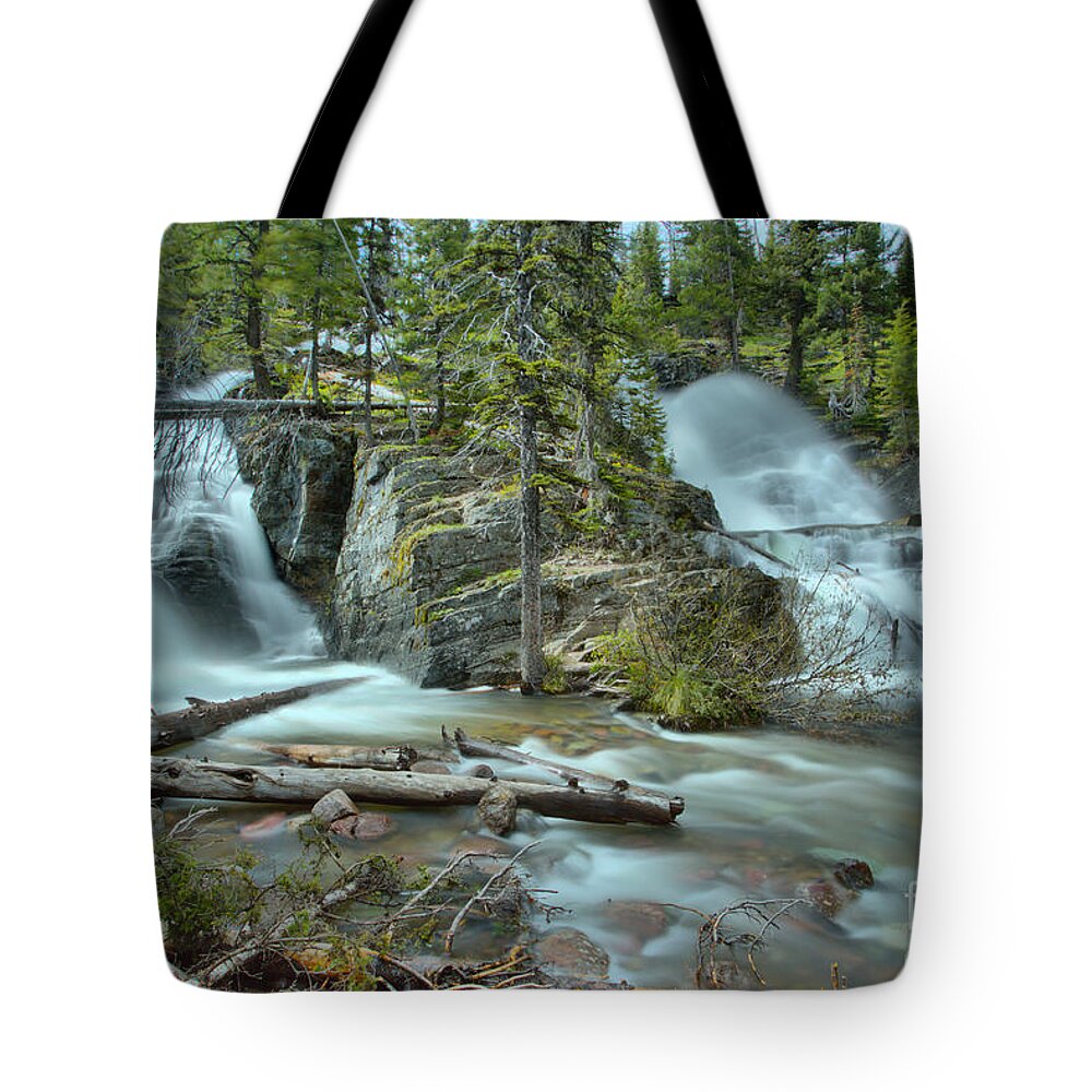 Twin Falls Tote Bag featuring the photograph 2 Medicine Twin Falls by Adam Jewell