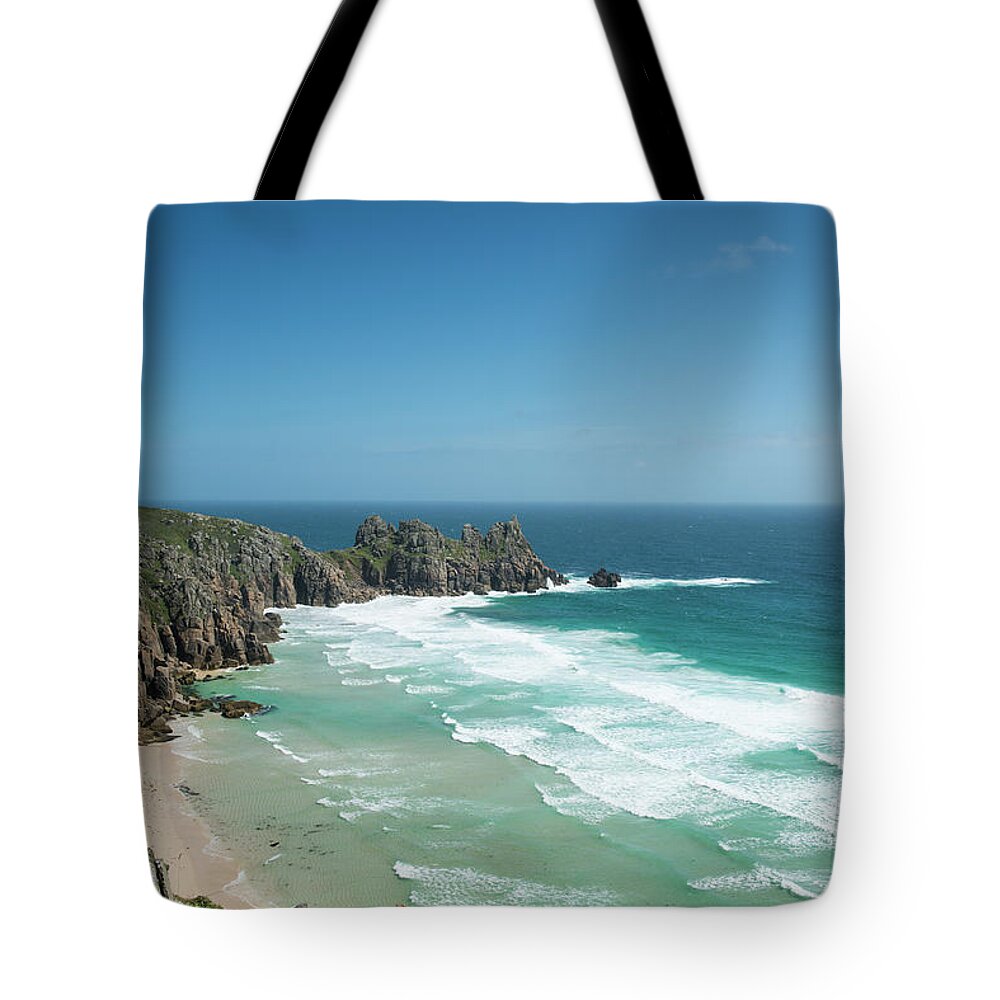 Water's Edge Tote Bag featuring the photograph Pedn Vounder Beach #2 by J Shepherd