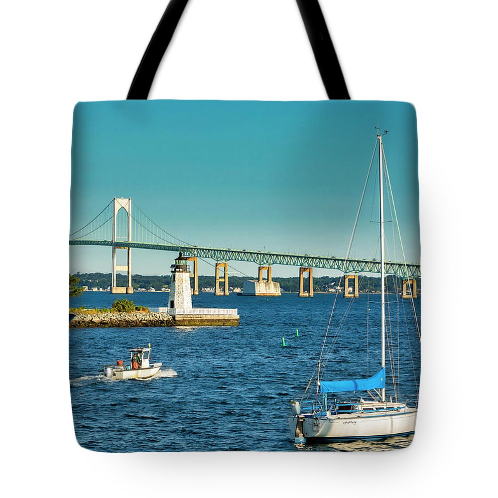 Estock Tote Bag featuring the digital art Rhode Island, Newport, Newport Harbor Lighthouse, And Claiborne Pell Bridge #2 by Lumiere