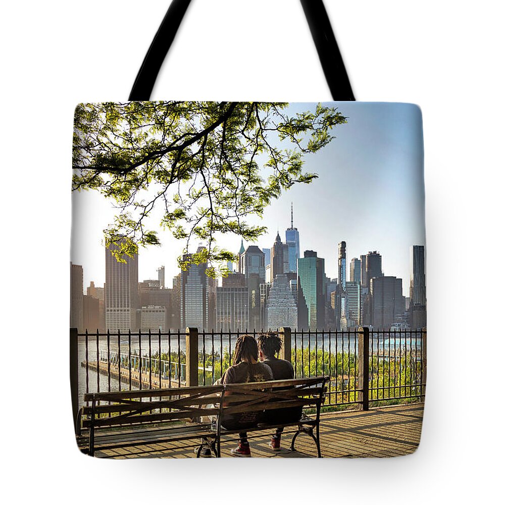 Estock Tote Bag featuring the digital art Skyline & Brooklyn Waterfront Nyc #2 by Lumiere