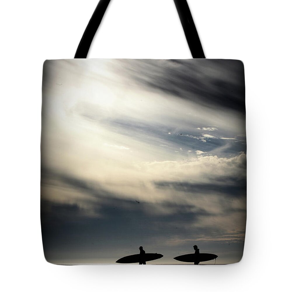 California Tote Bag featuring the photograph 2 Surfers Sunset California by Chuck Kuhn