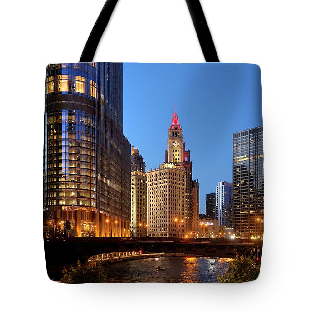 Estock Tote Bag featuring the digital art Trump Tower, Chicago River, Il #2 by Heeb Photos