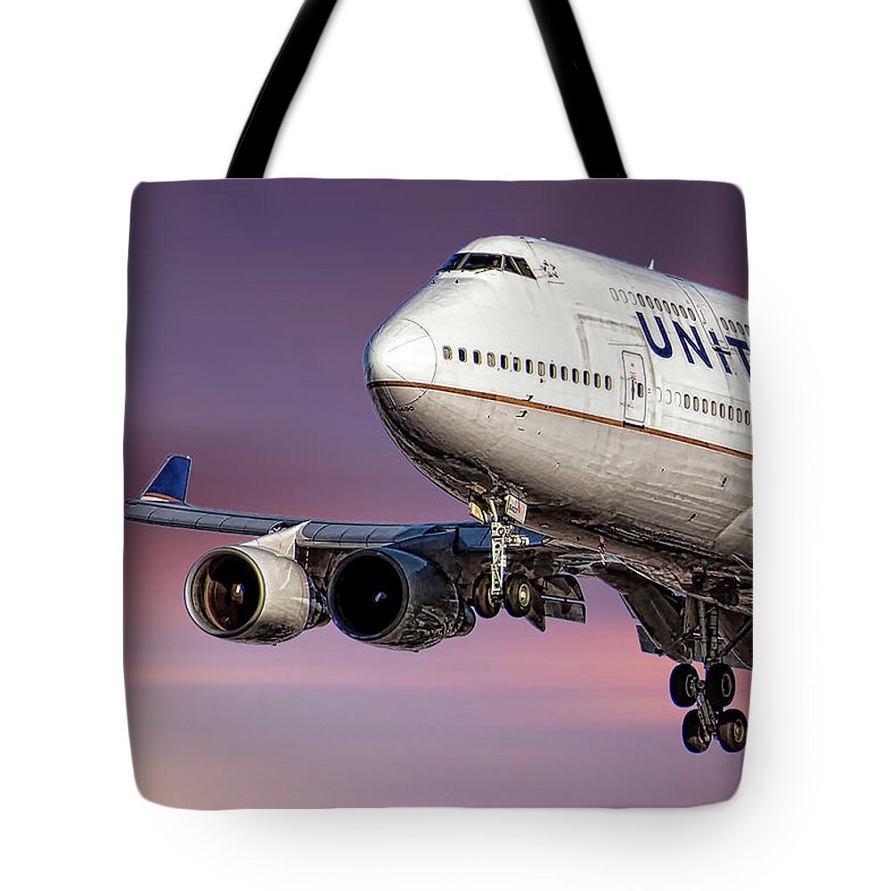 United Airlines Tote Bag featuring the mixed media United Airlines Boeing 747-422 by Smart Aviation