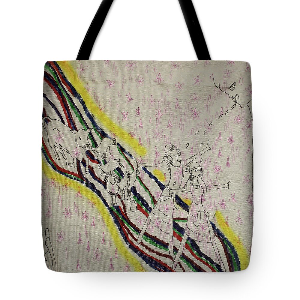Jesus Tote Bag featuring the painting Kintu and Nambi The Folktale #20 by Gloria Ssali