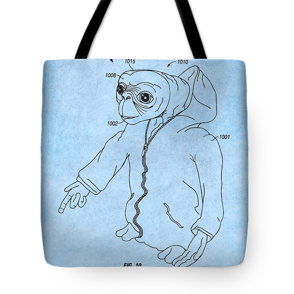2003 E. T. The Extra Terrestrial Patent Print Tote Bag featuring the drawing 2003 E. T. The Extra Terrestrial Light Blue by Greg Edwards