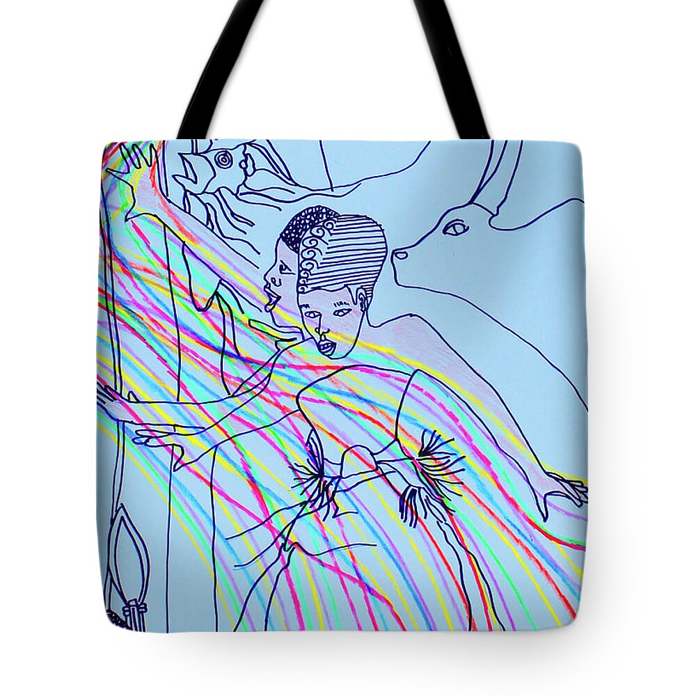 Jesus Tote Bag featuring the painting Kintu and Nambi #203 by Gloria Ssali