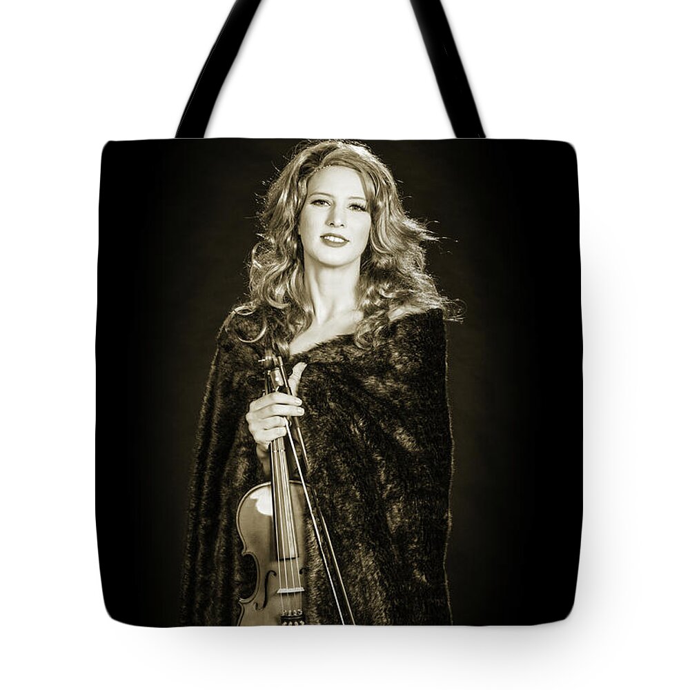 Black And White Photograph Tote Bag featuring the photograph 203.1854 Violin Musician Black and White #2031854 by M K Miller