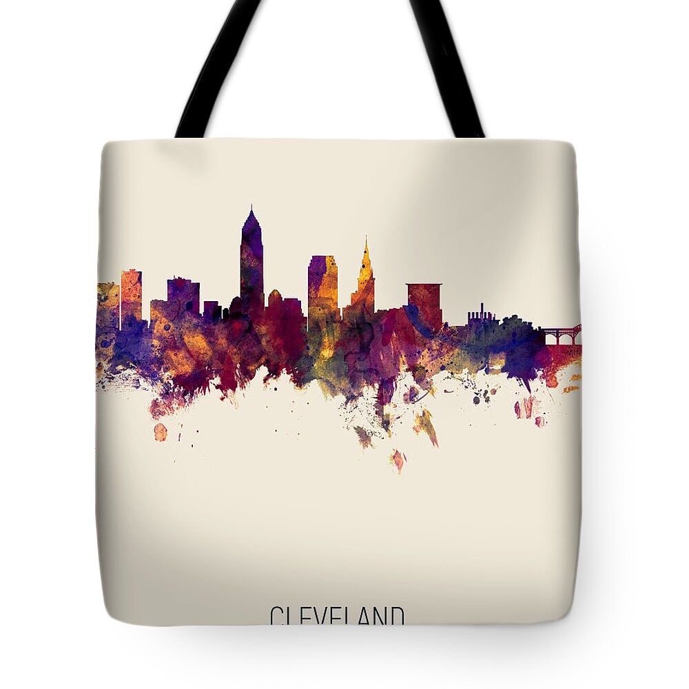 Cleveland Tote Bag featuring the digital art Cleveland Ohio Skyline #21 by Michael Tompsett
