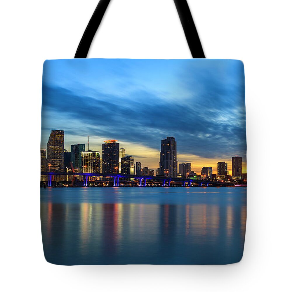 Biscayne Bay Tote Bag featuring the photograph Miami Sunset Skyline by Raul Rodriguez