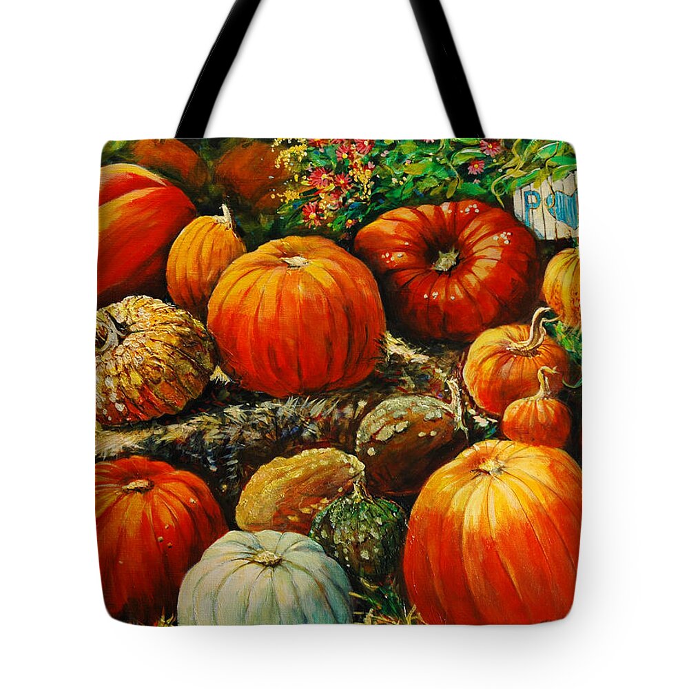 Pumpkin Tote Bag featuring the painting 25 Shades of Pumpkins by Cynthia Westbrook