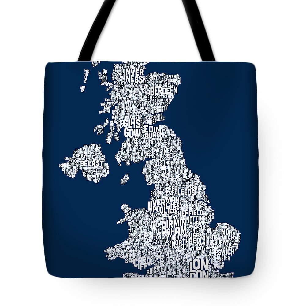 United Kingdom Tote Bag featuring the digital art Great Britain UK City Text Map by Michael Tompsett