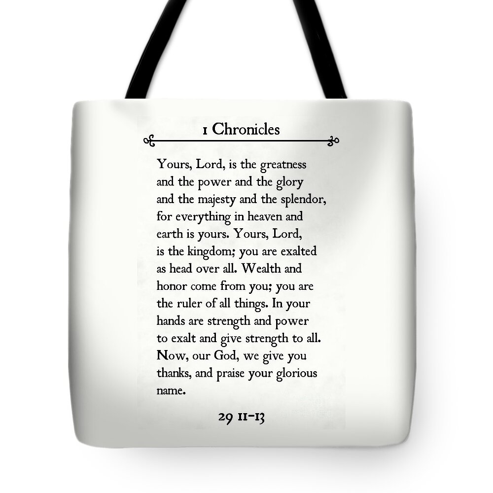 1 Chronicles Tote Bag featuring the painting 1 Chronicles 29 11-13- Inspirational Quotes Wall Art Collection by Mark Lawrence