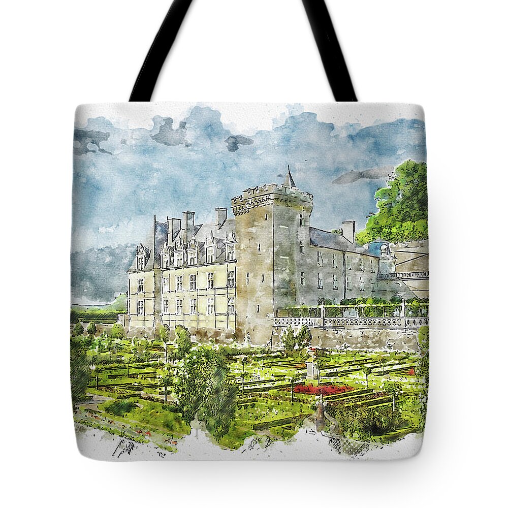 Architecture Tote Bag featuring the digital art Architecture #watercolor #sketch #architecture #castle #3 by TintoDesigns