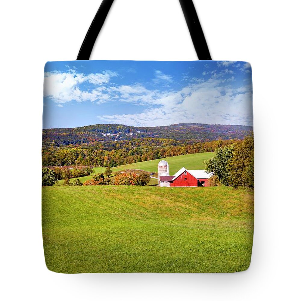 Estock Tote Bag featuring the digital art Farm With Barn & Silos, Warwick, Ny by Lumiere