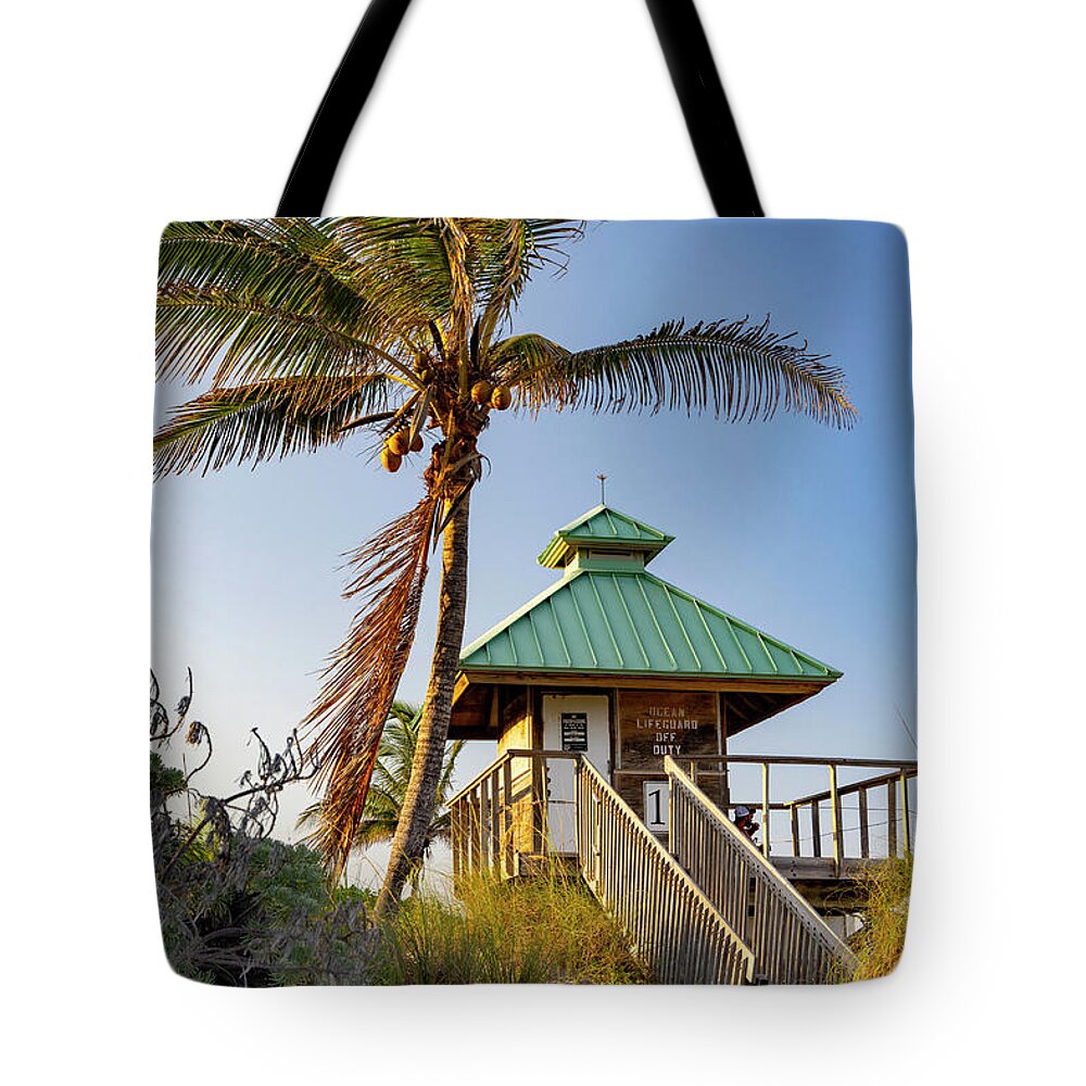 Estock Tote Bag featuring the digital art Florida, Boca Raton, Lifeguard Tower With Palm Tree At The Beach #3 by Laura Diez