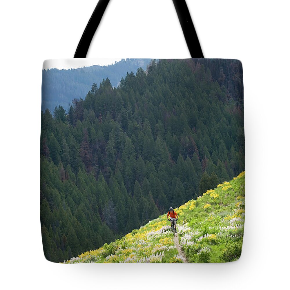 Young Men Tote Bag featuring the photograph Man Mountain Biking In Sun Valley #3 by Scott Markewitz