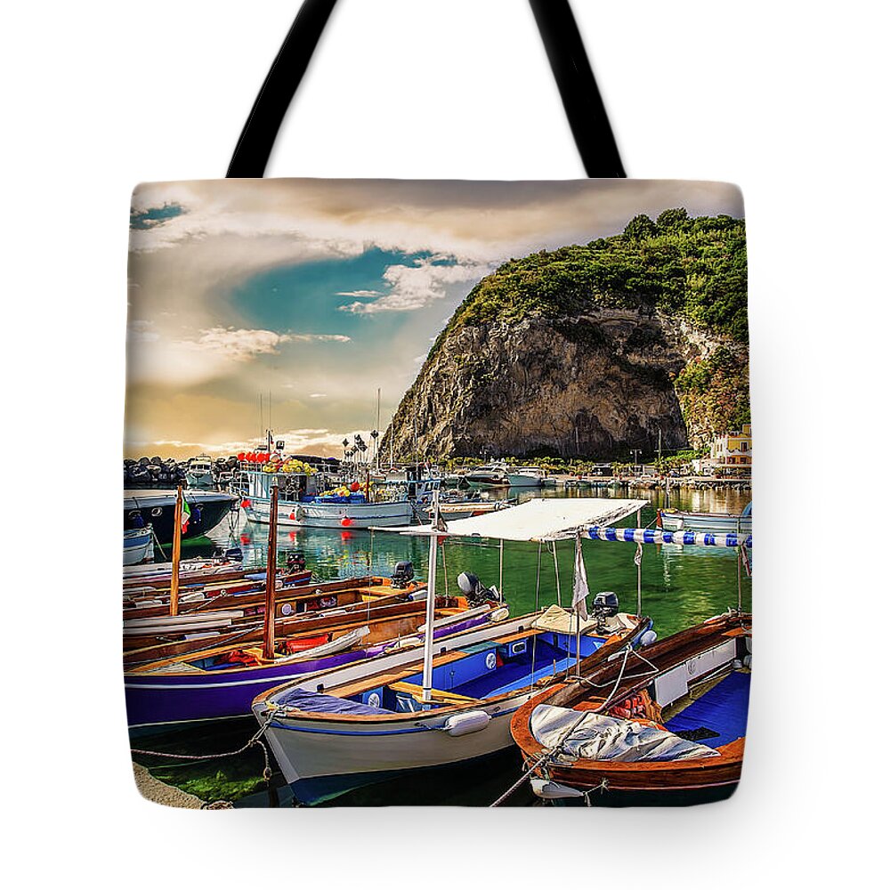 Boats Tote Bag featuring the photograph Moored Boats Under Promontory #3 by Vivida Photo PC