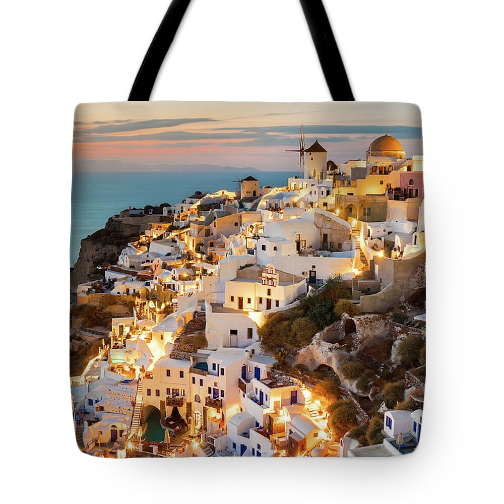 Water's Edge Tote Bag featuring the photograph Oia Sunset, Santorini, Greece #3 by Chrishepburn