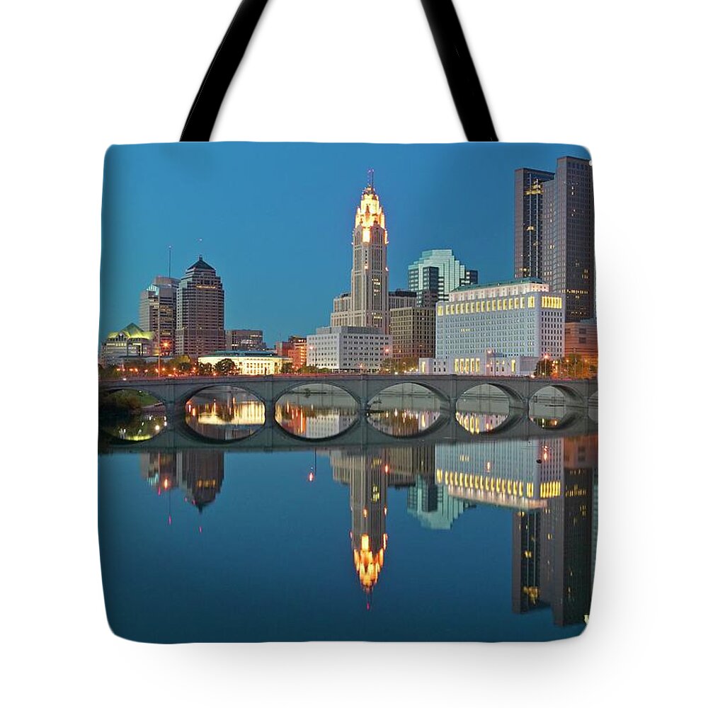 Downtown District Tote Bag featuring the photograph Scioto River And Columbus Ohio Skyline #3 by Visionsofamerica/joe Sohm