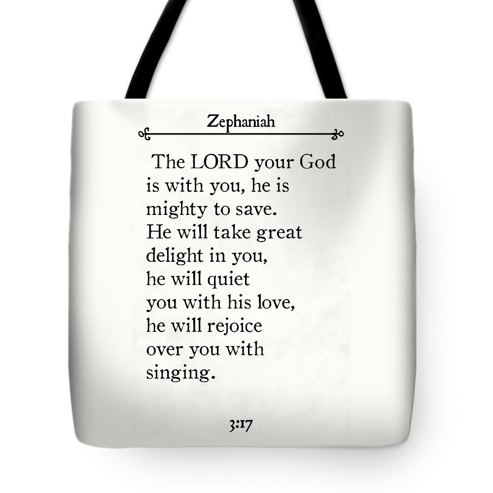 Zephaniah Tote Bag featuring the painting Zephaniah 3 17- Inspirational Quotes Wall Art Collection by Mark Lawrence