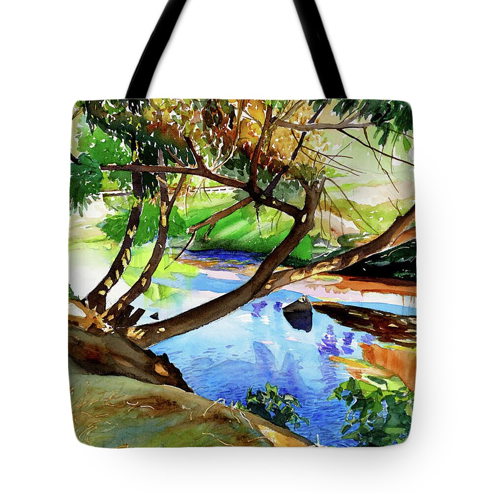 Dry Creek Tote Bag featuring the painting #336 Dry Creek Bridge #336 by William Lum