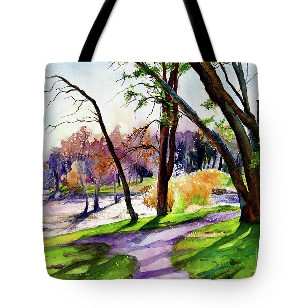 Folsom Lake Tote Bag featuring the painting #347 Granite Bay Trail #347 by William Lum