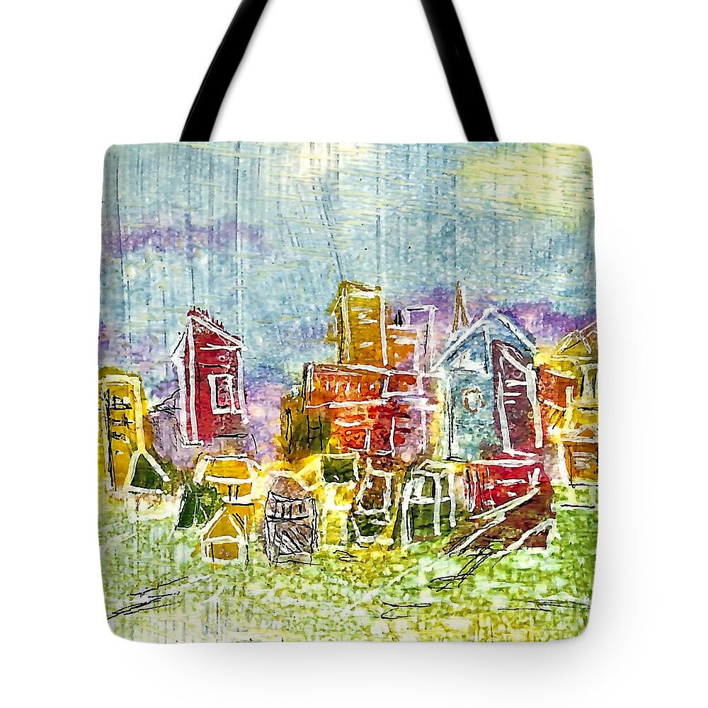 City Scape Tote Bag featuring the painting 4 Panel Cityscape 3 by Patty Donoghue