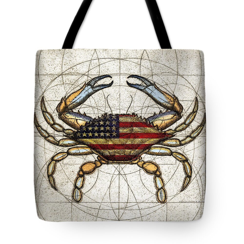 Charles Harden Tote Bag featuring the mixed media 4th of July Crab by Charles Harden