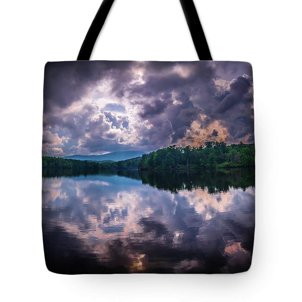 Blue Tote Bag featuring the photograph Julian Price Lake, along the Blue Ridge Parkway in North Carolin #5 by Alex Grichenko