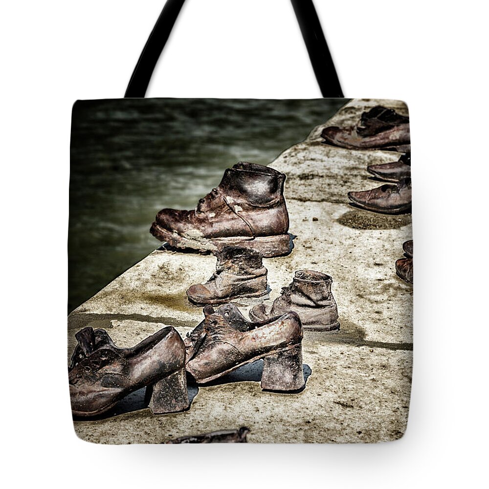 Shoes Tote Bag featuring the photograph Shoes on the Danube Bank in Budapest #5 by Vivida Photo PC