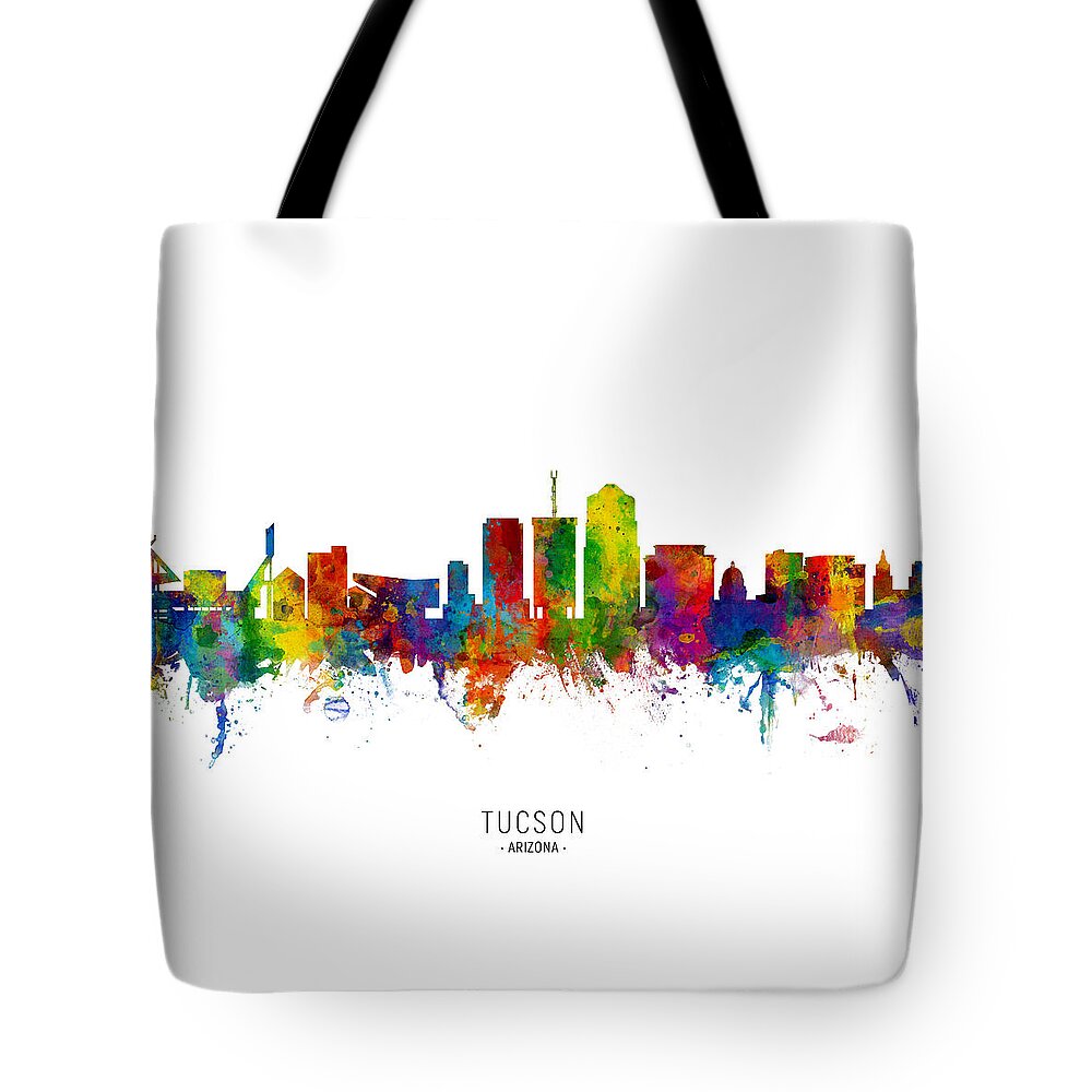 Tucson Tote Bag featuring the digital art Tucson Arizona Skyline by Michael Tompsett