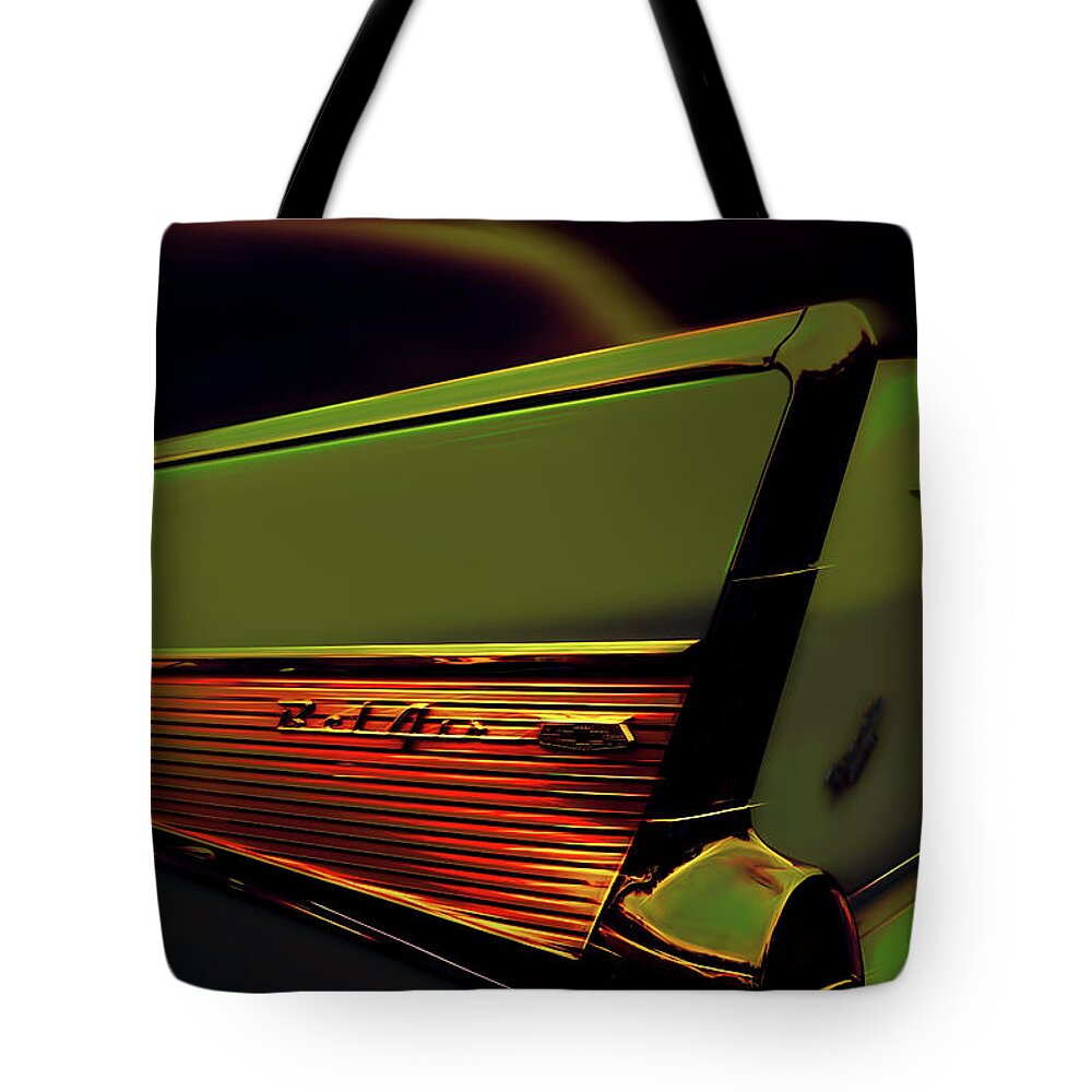 Chevy Tote Bag featuring the photograph 57 Chevy Bel-Air - Lines of an Icon by Carl H Payne