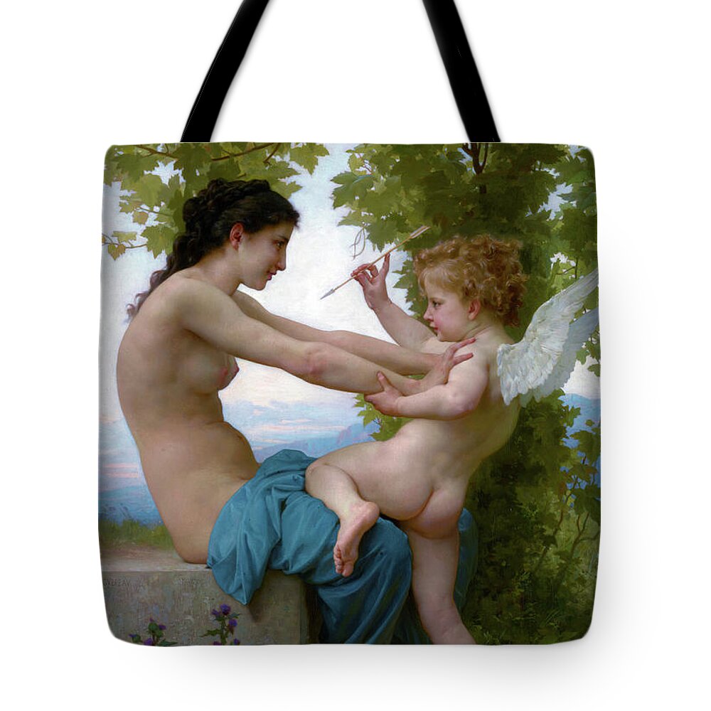 Young Girl Tote Bag featuring the painting A Young Girl Defending Herself Against Eros by Rolando Burbon