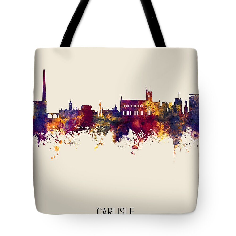 Carlisle Tote Bag featuring the digital art Carlisle England Skyline by Michael Tompsett