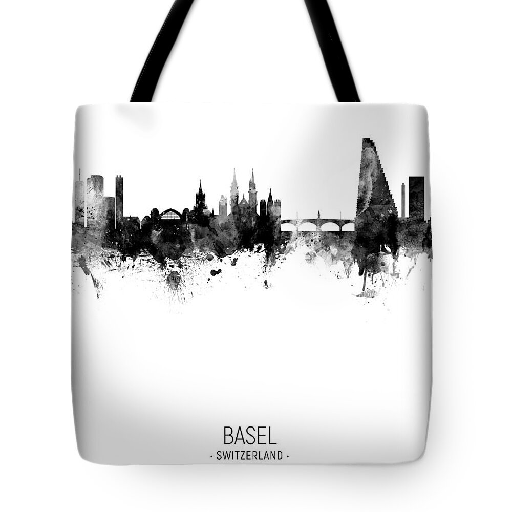 Basel Tote Bag featuring the digital art Basel Switzerland Skyline by Michael Tompsett
