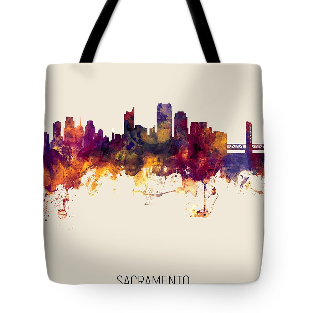Sacramento Tote Bag featuring the digital art Sacramento California Skyline by Michael Tompsett
