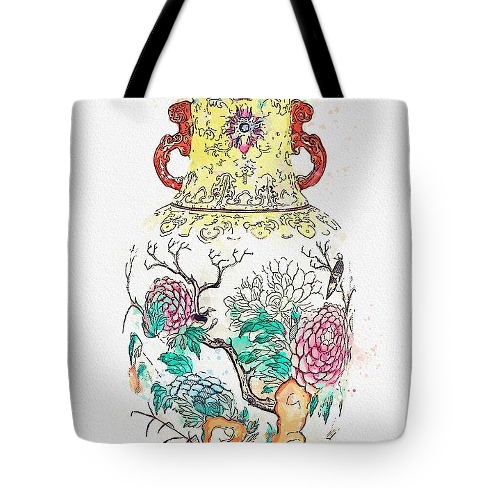 Pottery Tote Bag featuring the painting A FAMILLE ROSE TWO-HANDLED BIRDS AND FLOWERS VASE watercolor by Ahmet Asar by Celestial Images