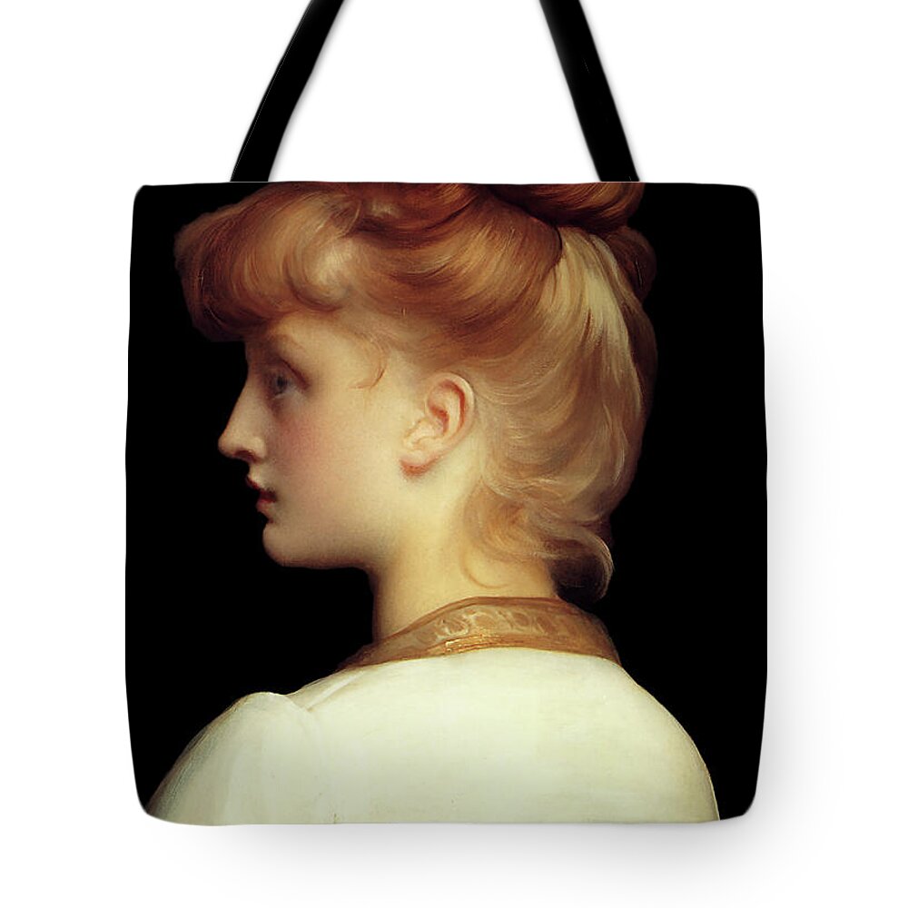 A Girl Tote Bag featuring the painting A Girl by Lord Frederic Leighton	 by Rolando Burbon