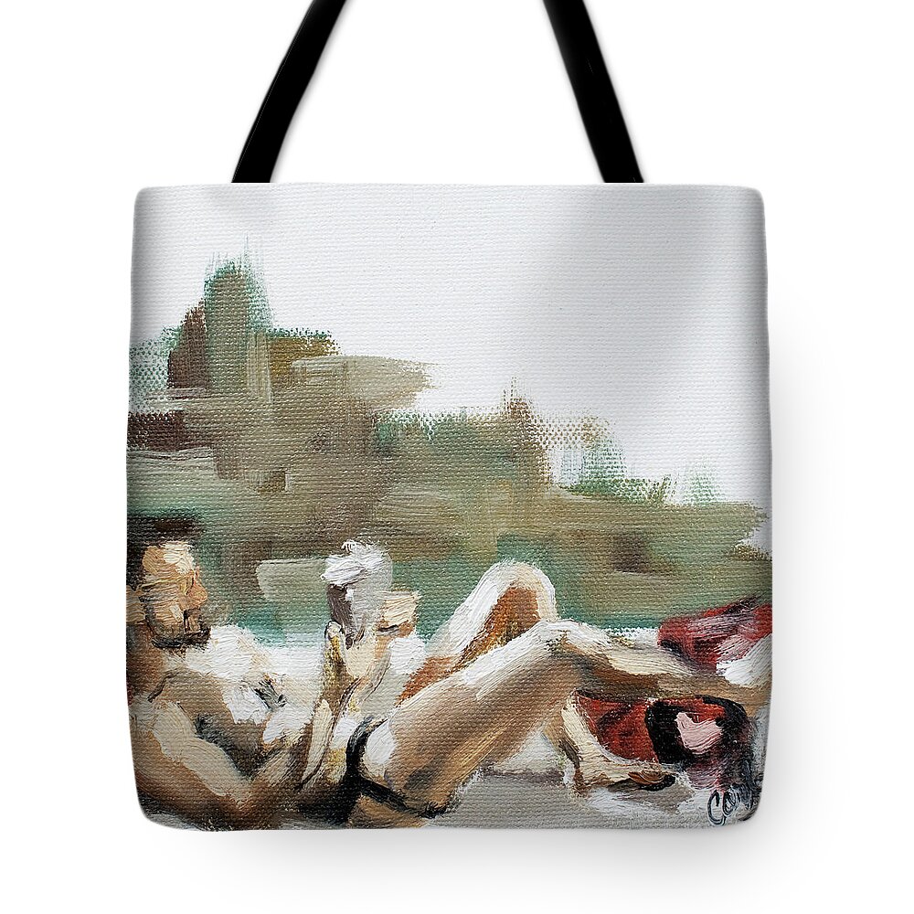 Reading Tote Bag featuring the painting A Good Book by Carlos Flores