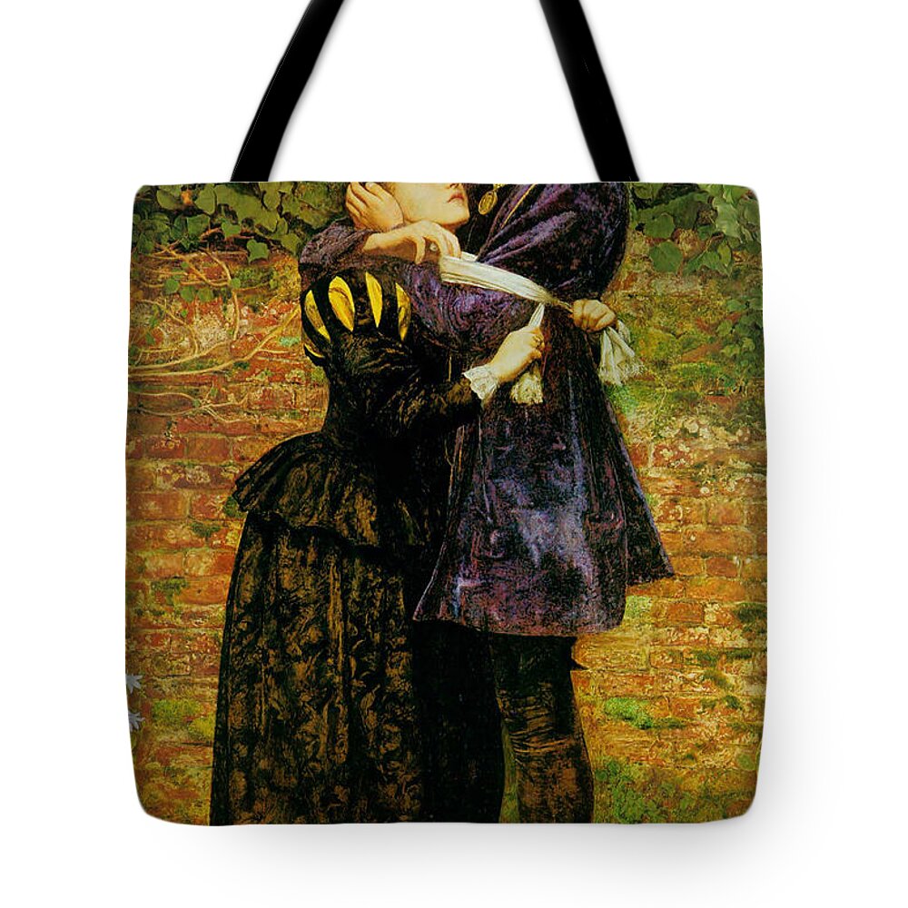 Pre-raphaelite Tote Bag featuring the painting A Huguenot on St. Bartholomew's Day by John Everett Millais