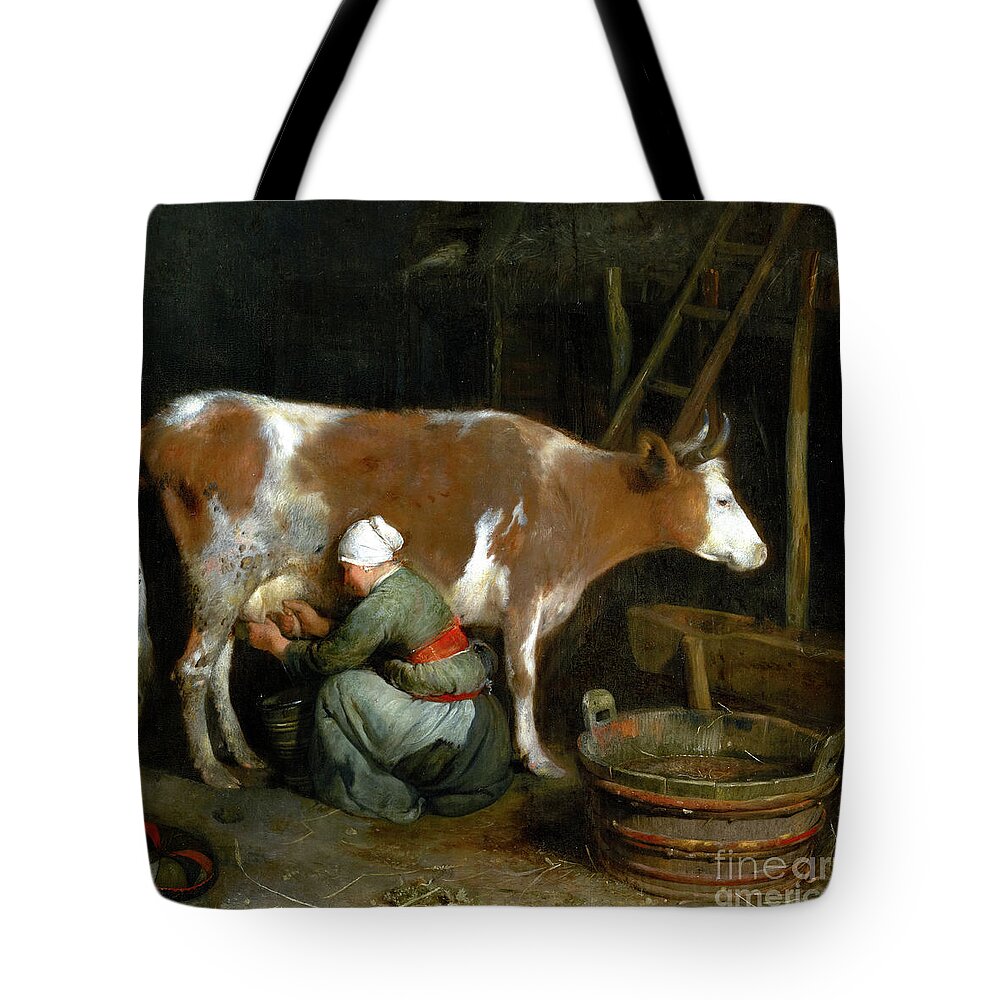 Gerard Ter Borch Tote Bag featuring the painting A Maid Milking a Cow in a Barn by Audrey Jeanne Roberts