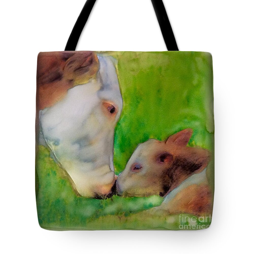 Love Motherhood Cows Farm Animals Tote Bag featuring the painting A Mothers Love by FeatherStone Studio Julie A Miller