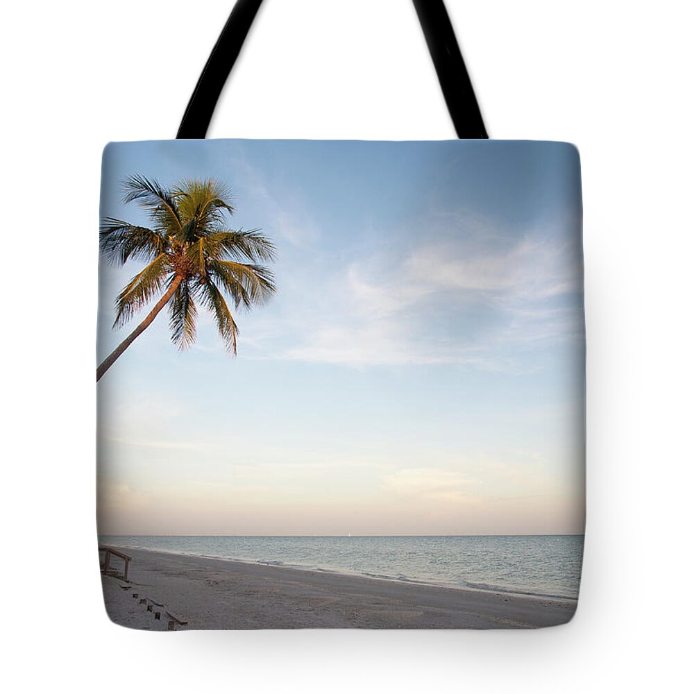 Outdoors Tote Bag featuring the photograph A Palm Tree Leaning Over The Beach At by Driendl Group