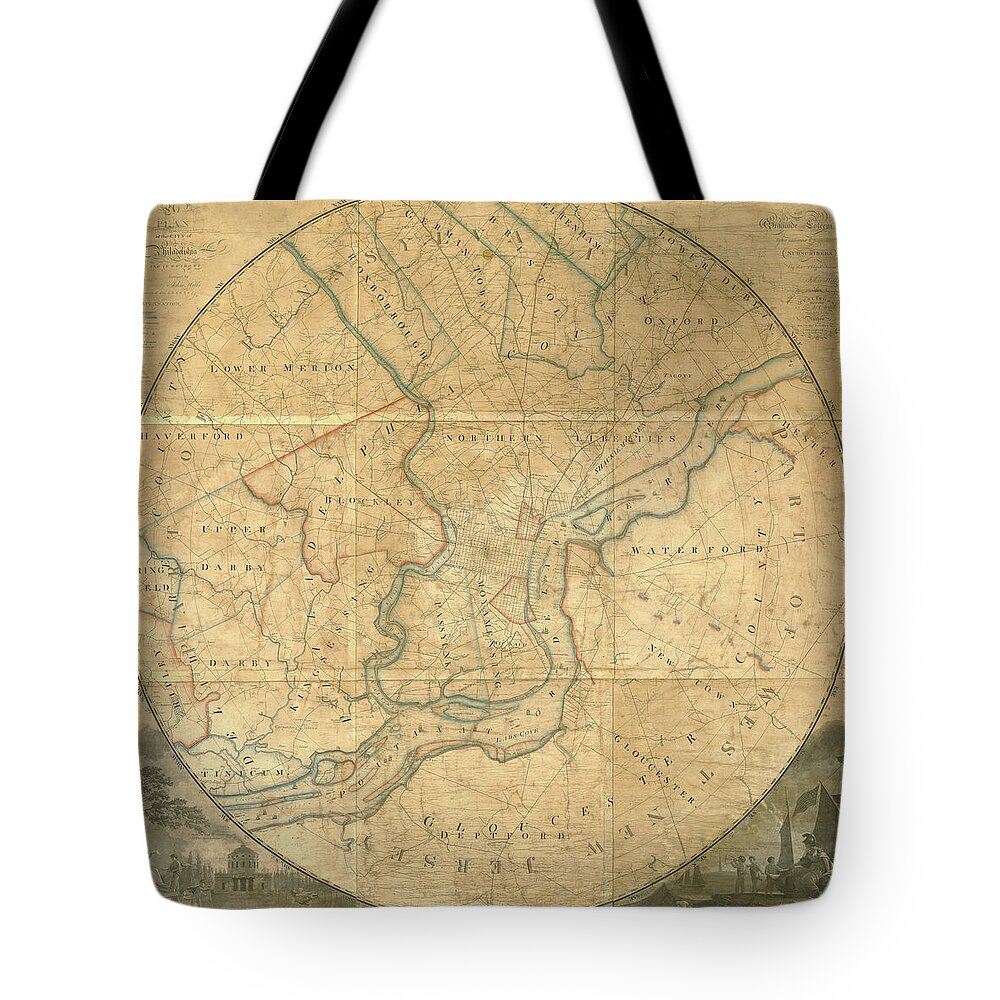 Map Tote Bag featuring the mixed media A plan of the City of Philadelphia and Environs, 1808-1811 by John Hills