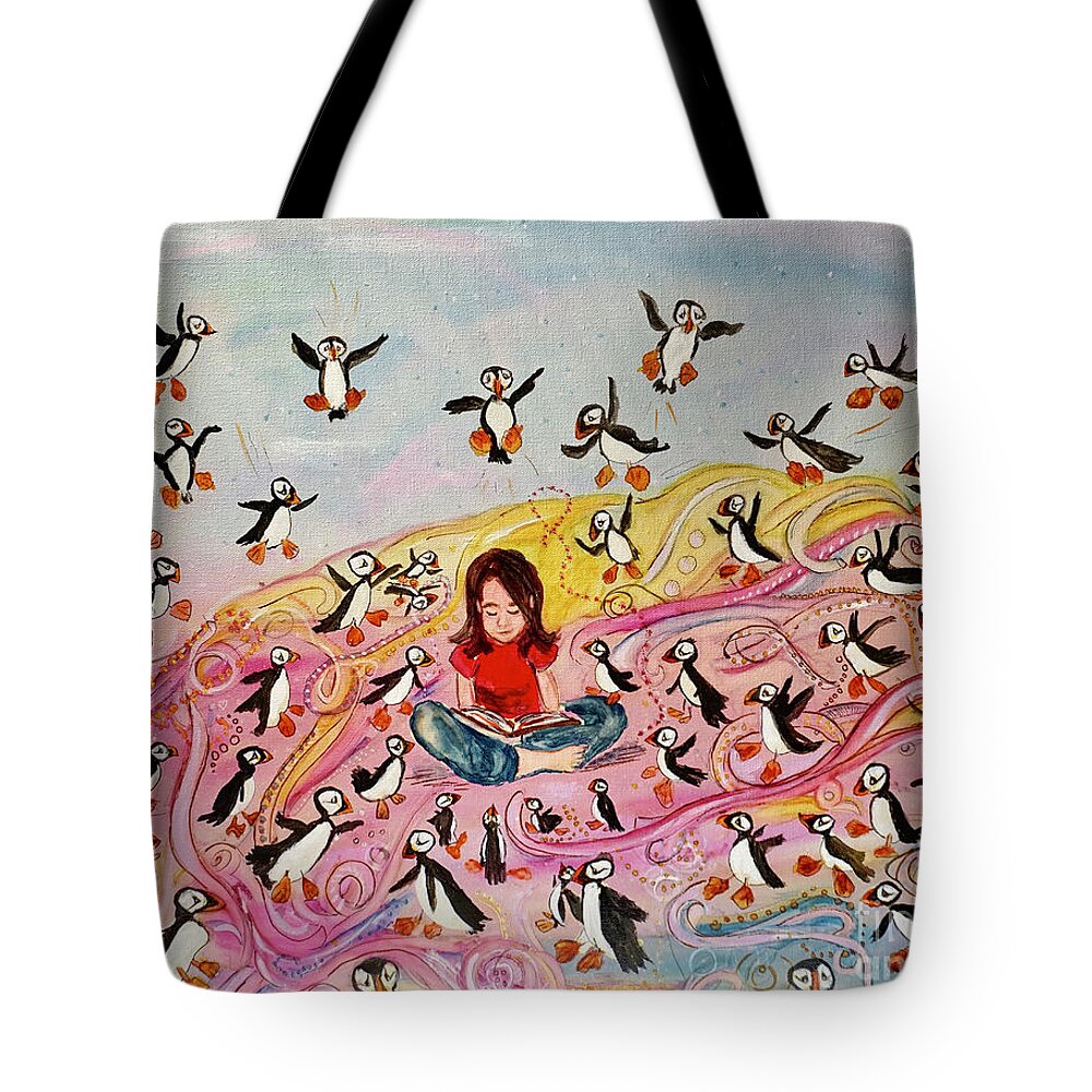 Puffin Tote Bag featuring the painting A Puffin Kind of Day by Patty Donoghue