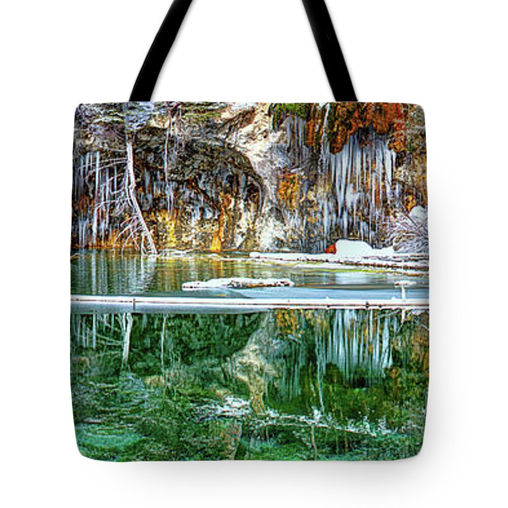  Olena Art Tote Bag featuring the photograph A Serene Chill - Hanging Lake Colorado Panorama by O Lena